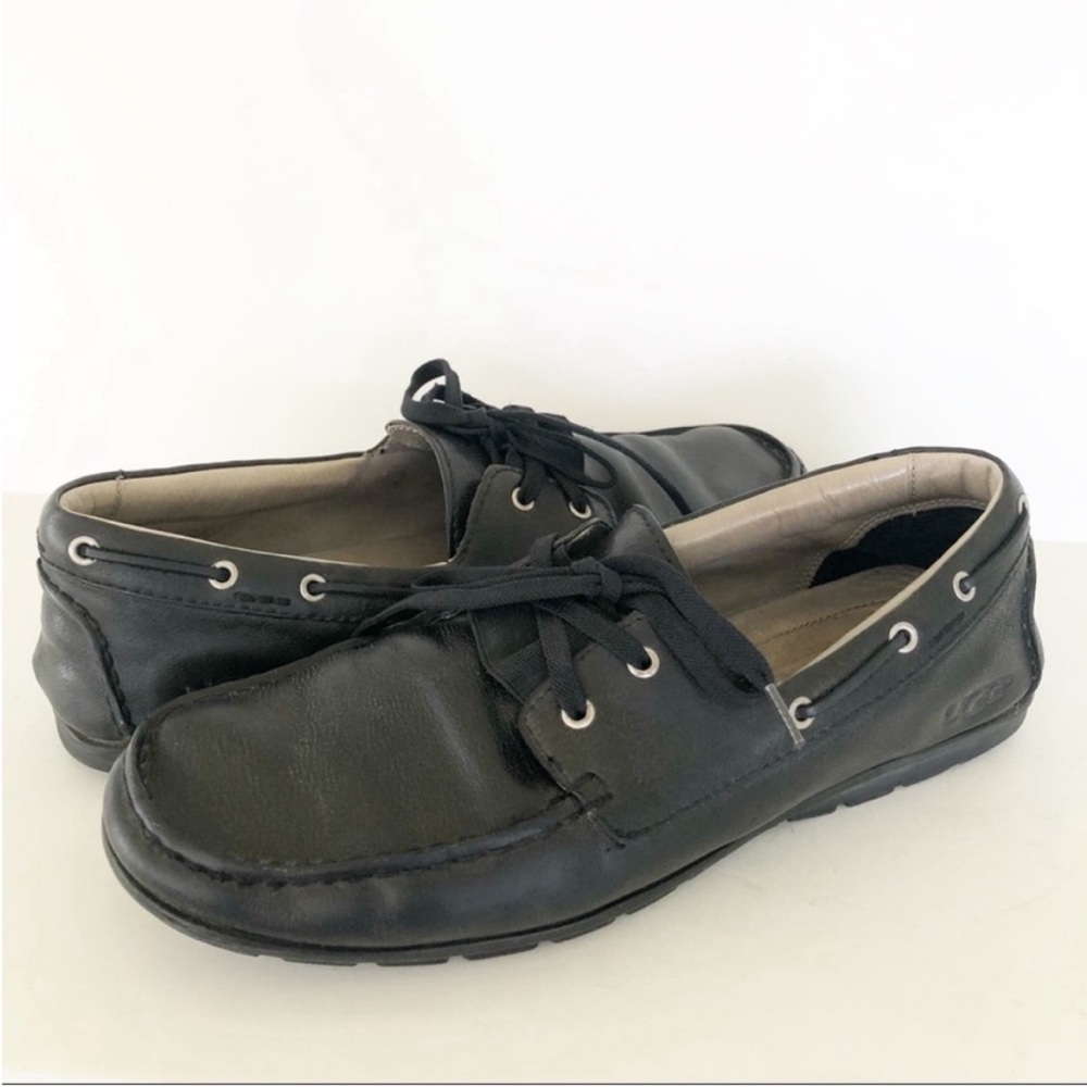 UGG Black Leather Boat Shoes Lace Up Slip On Loafers
